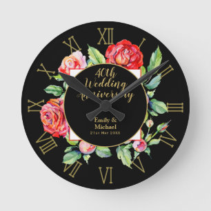 Horloge Ronde Cadeau de 40e anniversaire de mariage - Roses roug