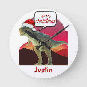 Horloge Ronde cadeau de noël dinosaure, nom personnalisé