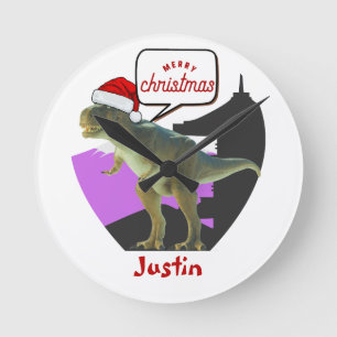 Horloge Ronde cadeau de noël dinosaure, nom personnalisé