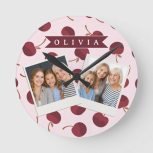 Horloge Ronde Cadeau Personnalisé avec Motif Cerise Esthétique