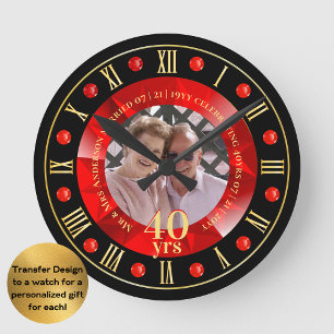 Horloge Ronde Cadeau PHOTO 40e Anniversaire de Mariage Rouge Rub