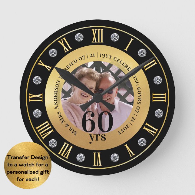 Horloge Ronde Cadeau PHOTO pour les 60 ans de mariage Soixantièm (Créateur téléchargé)