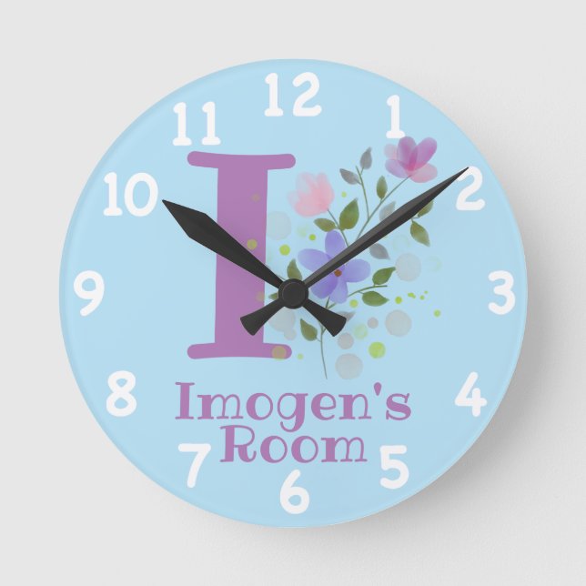 Horloge Ronde Cadran avec motif floral avec nom et initiale (Recto)