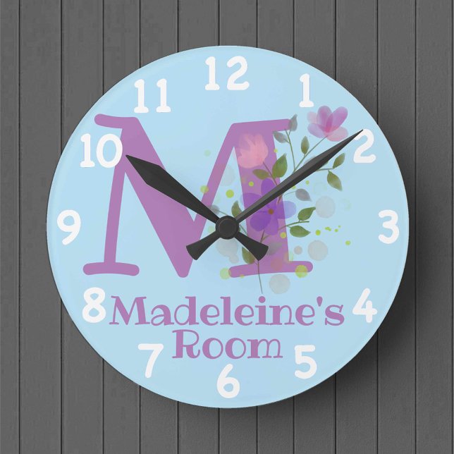 Horloge Ronde Cadran avec motif floral avec nom et initiale (Créateur téléchargé)