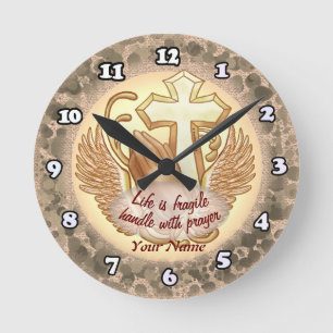 Horloge Ronde Cadran chrétien Mains de prière Sépia