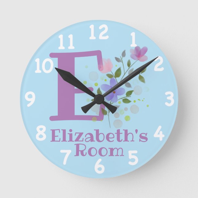 Horloge Ronde Cadran dans un motif floral avec nom et initiale (Recto)