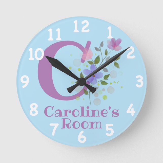 Horloge Ronde Cadran dans un motif floral avec nom et initiale (Recto)