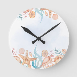 Horloge Ronde Cadran mural côtier coquillages aquarelle