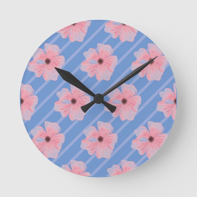 Horloge Ronde Cadran mural Fleurs roses et rayures (Recto)