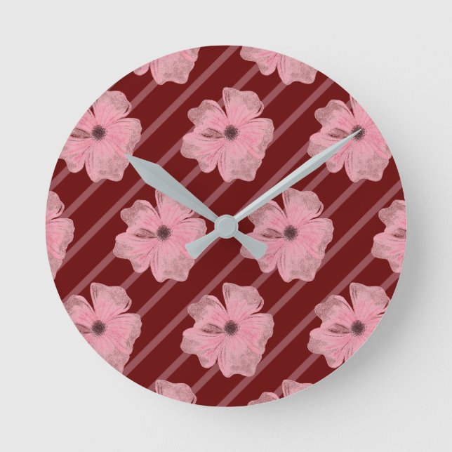 Horloge Ronde Cadran mural Fleurs roses et rayures (Recto)
