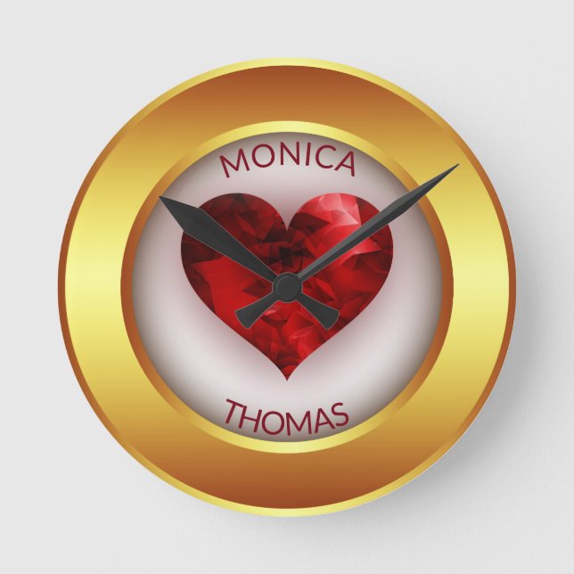 Horloge Ronde Cadre Cercle Or Et Coeur Rouge (Recto)