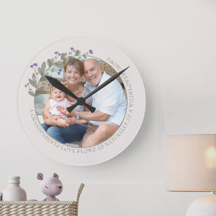 Horloge Ronde Cadre de photo de grands-parents Fleur sauvage vio