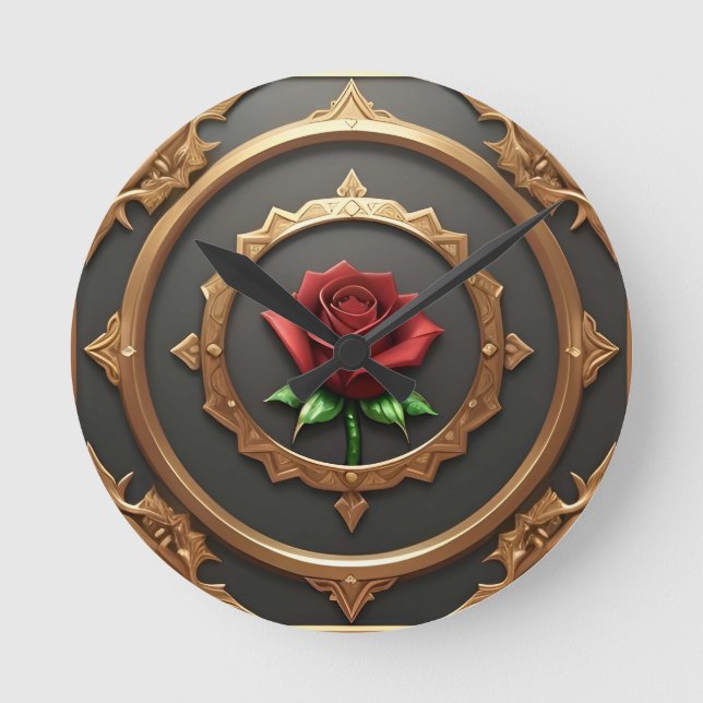 Horloge Ronde Cadre doré complexe avec rose rouge (Recto)