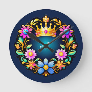Horloge Ronde Cadre floral de couronne royale