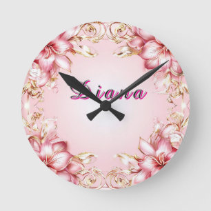 Horloge Ronde Cadre floral élégant avec motifs de lys rose