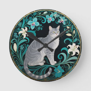 Horloge Ronde Cadre floral orné de chat gris