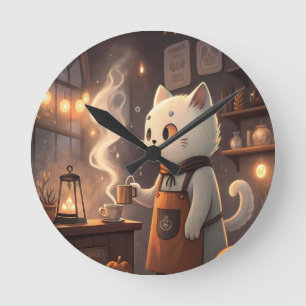 Horloge Ronde Café du Chat Fantôme Art de Halloween Fantaisist