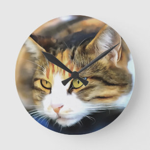 Horloge Ronde Calico Jaune Chat réaliste Portrait pour animal
