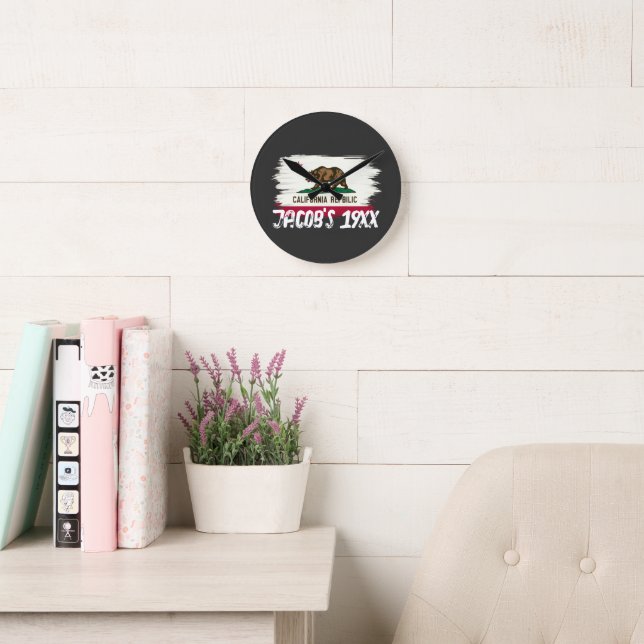 Horloge Ronde California State Map Flag Design | Golden State (Salle de lecture)
