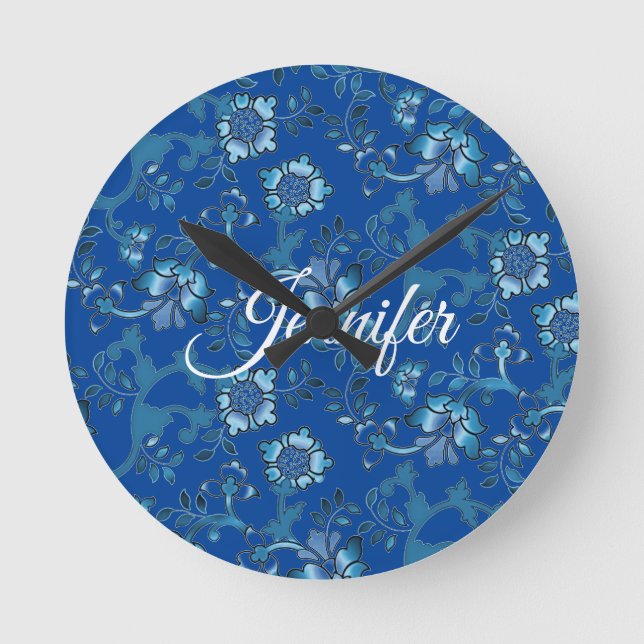 Horloge Ronde Calligraphie Elégant bleu Floral Nom personnalisé (Recto)
