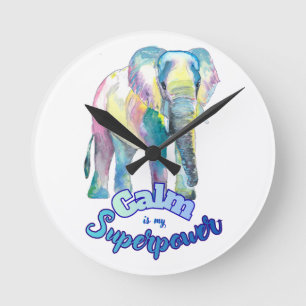 Horloge Ronde Calme Est Mon Superpouvoir – Éléphant Aquarelle Co