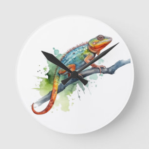 Horloge Ronde caméléon sur une branche aquarelle couleurs vives