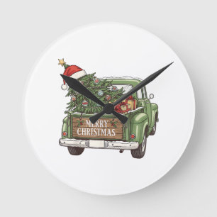 Horloge Ronde Camion de Noël Vintage Joyeux Noël Hommes Femmes 