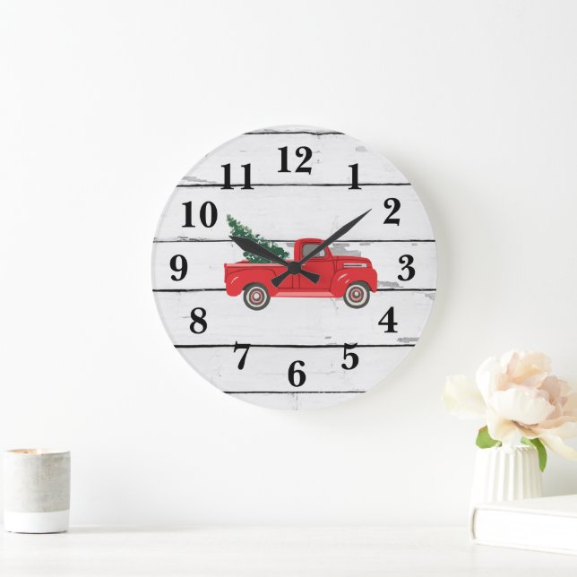 Horloge Ronde Camion rouge avec arbre Russe Shiplap Grande horlo (Maison)