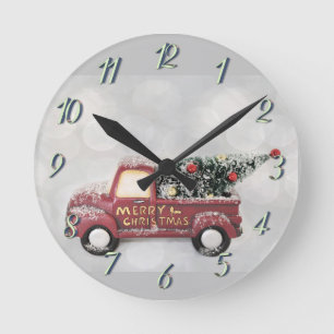 Horloge Ronde camionnette vintage rouge sur un fond bokeh gris
