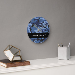 Horloge Ronde Camouflage bleu marine Votre nom Personnalisez