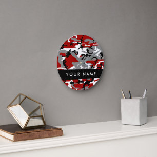 Horloge Ronde Camouflage rouge et gris Votre nom Personnaliser