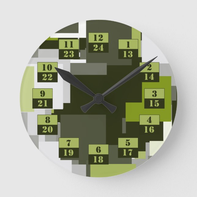 Horloge Ronde Camouflage urbain vert gris Carré Temps militaire (Recto)