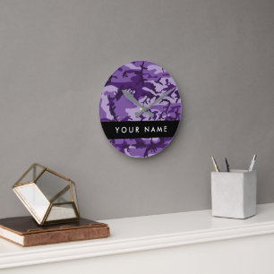 Horloge Ronde Camouflage Violet Personnalisez Votre Nom