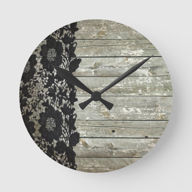 Horloge Ronde campagne bohème Lace noir vieux bois de grange rus (Recto)