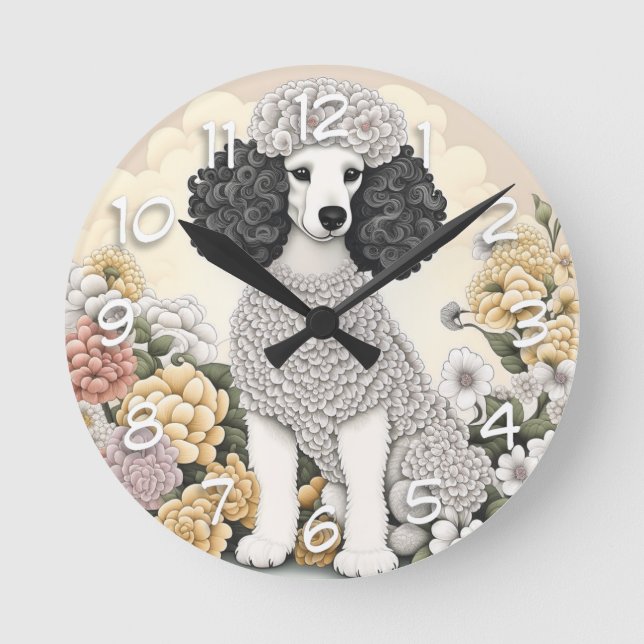 Horloge Ronde Caniche dans des fleurs fantaisistes  (Recto)