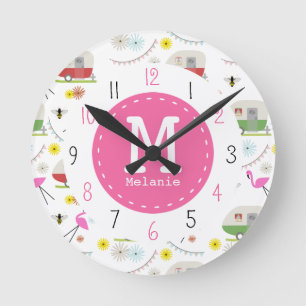 Horloge Ronde Caravanes Retro et Flamingos