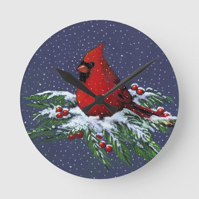 Horloge Ronde Cardinal on Snowy Pine Branch: Christmas: Artwork (Recto)