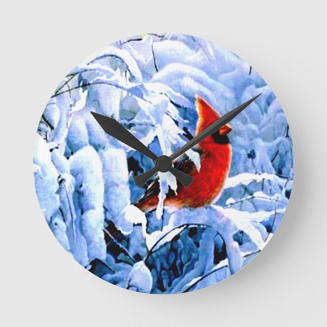 Horloge Ronde Cardinal Rouge dans la neige d'hiver (Recto)