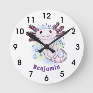 Horloge Ronde Caricature axolotl rose adorable