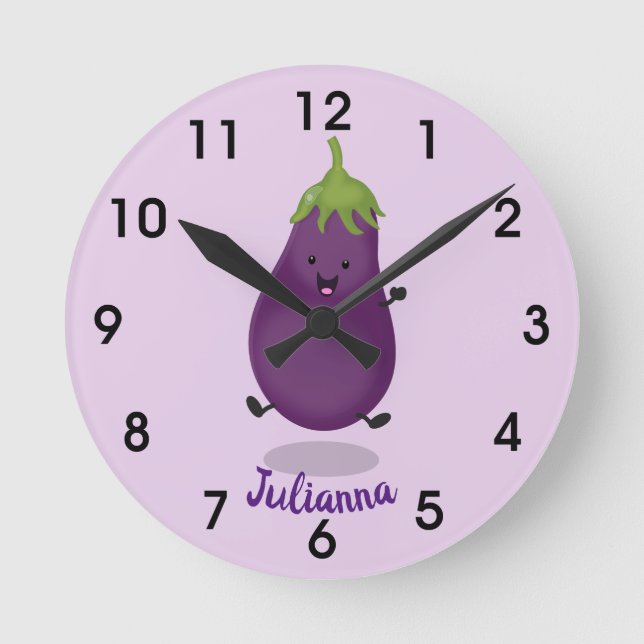 Horloge Ronde Caricature d'aubergine d'aubergine joliment heureu (Recto)