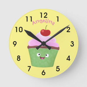 Horloge Ronde Caricature de cupcake joyeux