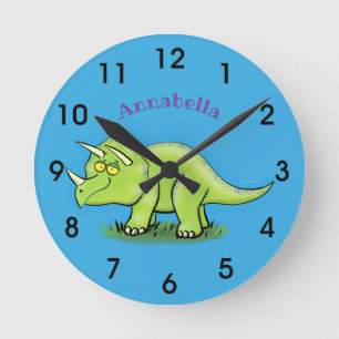 Horloge Ronde Caricature de dinosaure de triceratops vert mignon