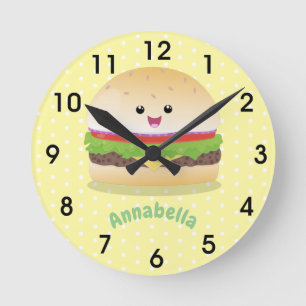 Horloge Ronde Caricature de hamburger kawaii joli 24h/24