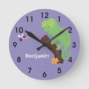 Horloge Ronde Caricature de lézard de caméléon vert joyeux