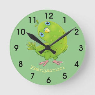 Horloge Ronde Caricature de perruche verte curieuse