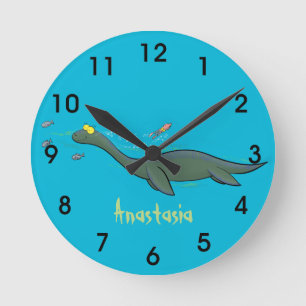 Horloge Ronde Caricature de Plesiosaur, monstre marin mignon et