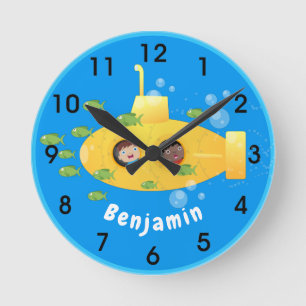 Horloge Ronde Caricature de poisson sous-marin jaune mignon
