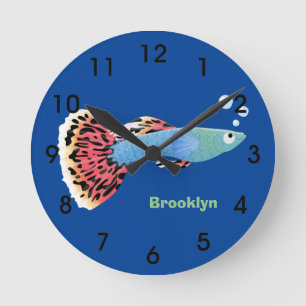 Horloge Ronde Caricature de poisson tropical guppy très chic