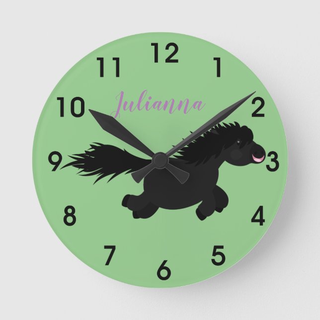 Horloge Ronde Caricature de poney noir mignon (Recto)
