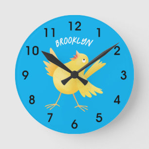 Horloge Ronde Caricature d'oiseau canari jaune chantant mignon